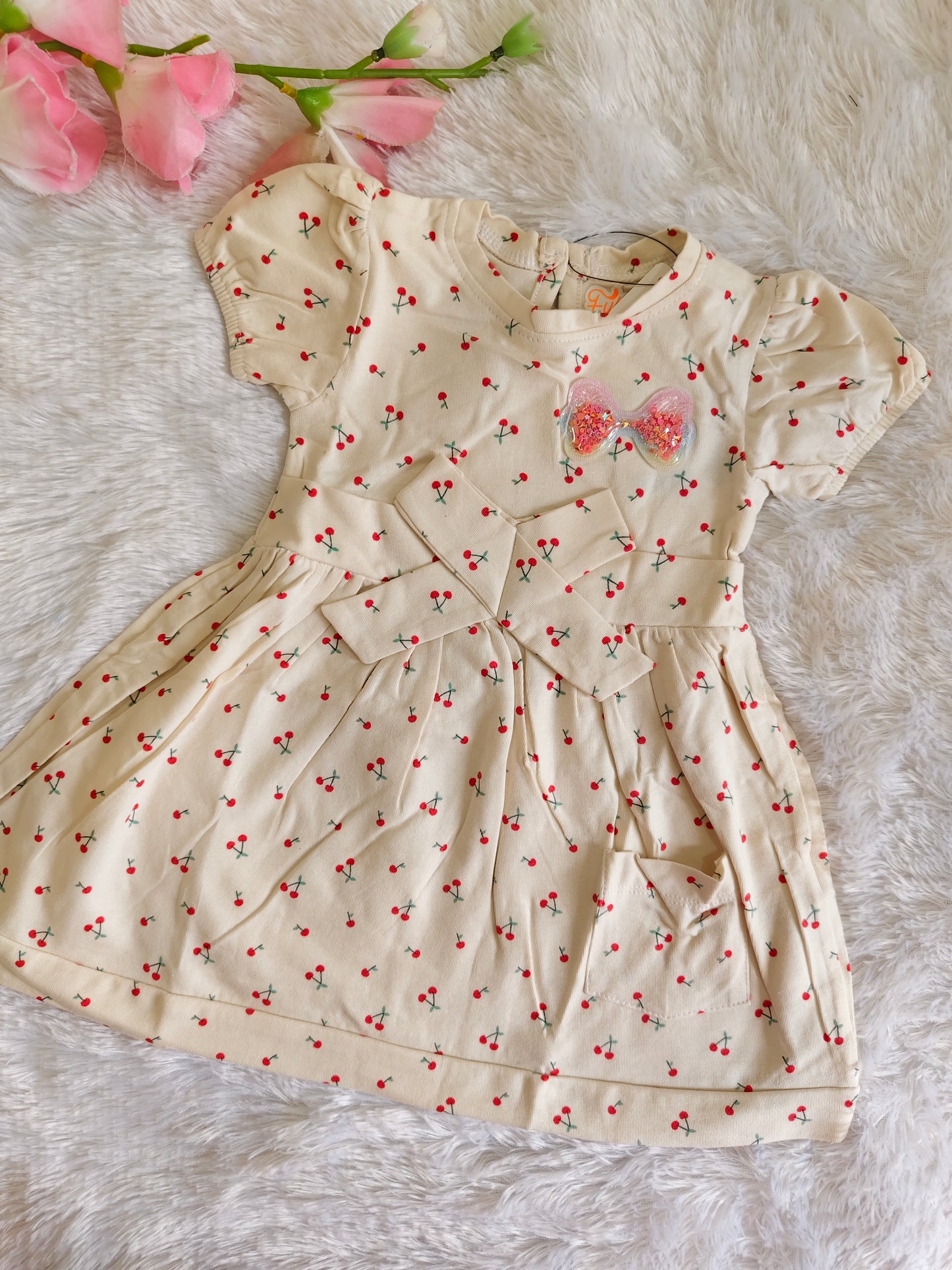 Beige Frock with Red Cherry Design