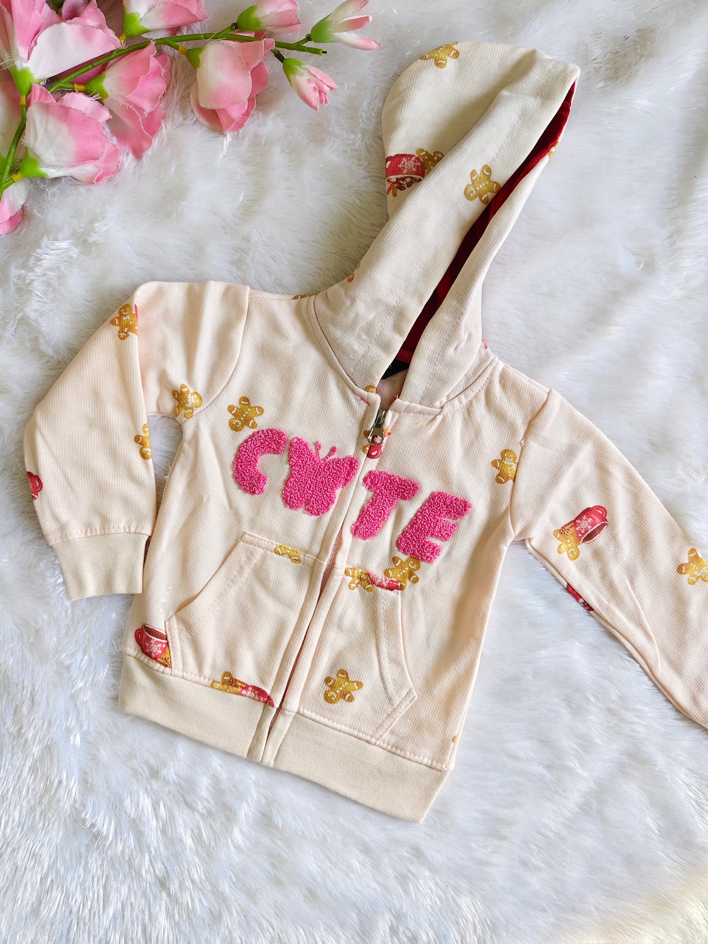 Soft White Sweatshirt with Pink Design