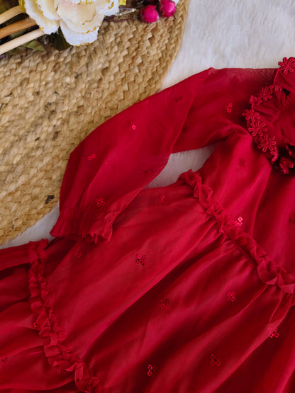 Red rosy ruffle frock