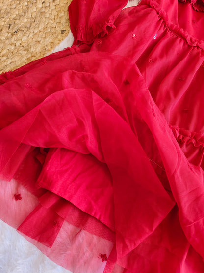 Red rosy ruffle frock