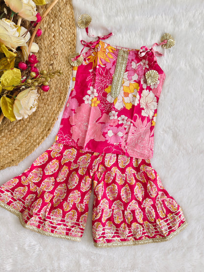 Ethnic set with plain & printed plazo pants