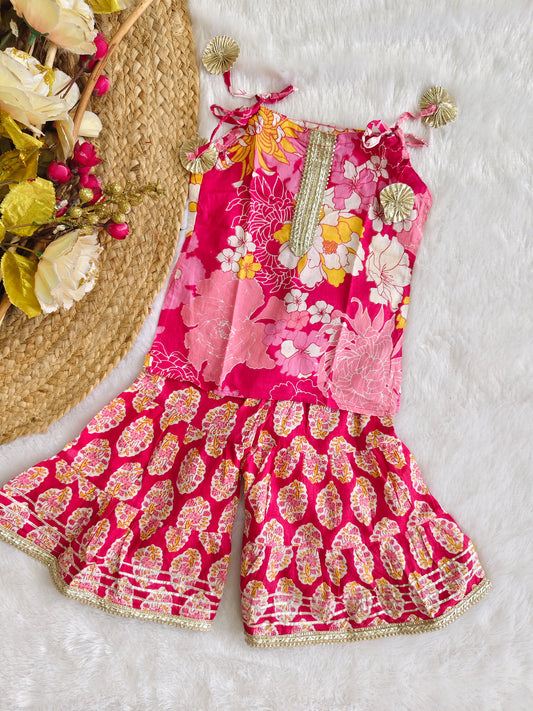 Ethnic set with plain & printed plazo pants