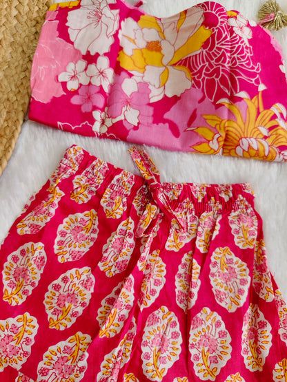 Ethnic set with plain & printed plazo pants