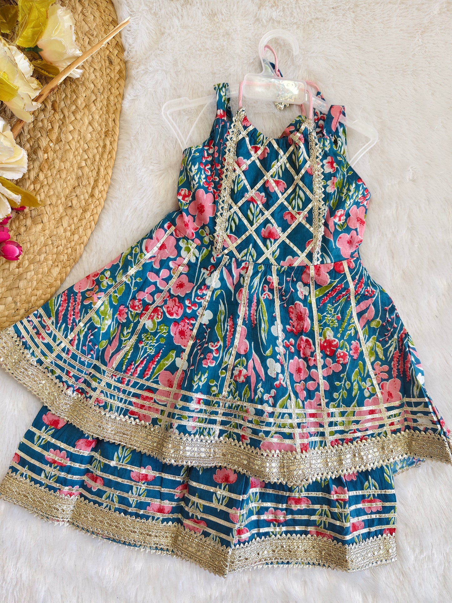 Teal Blossom Sharara Set