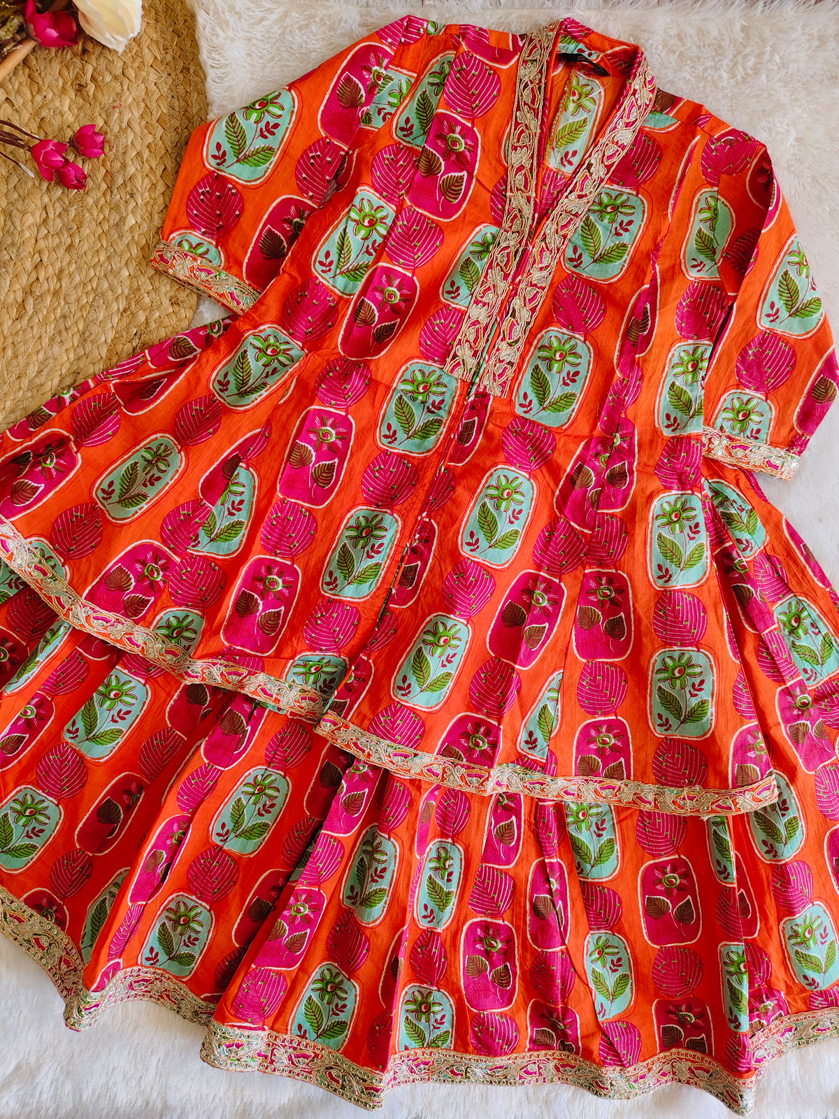 Orange floral printed ethnic set