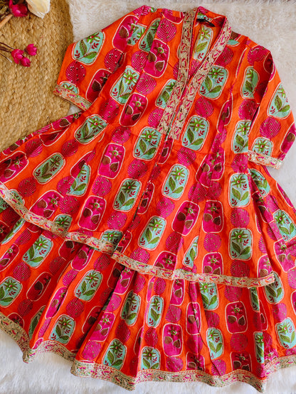 Orange floral printed ethnic set