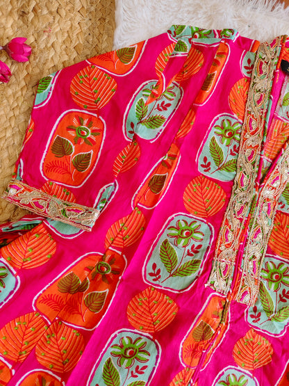 Rani Pink Leaf Print Ethnic