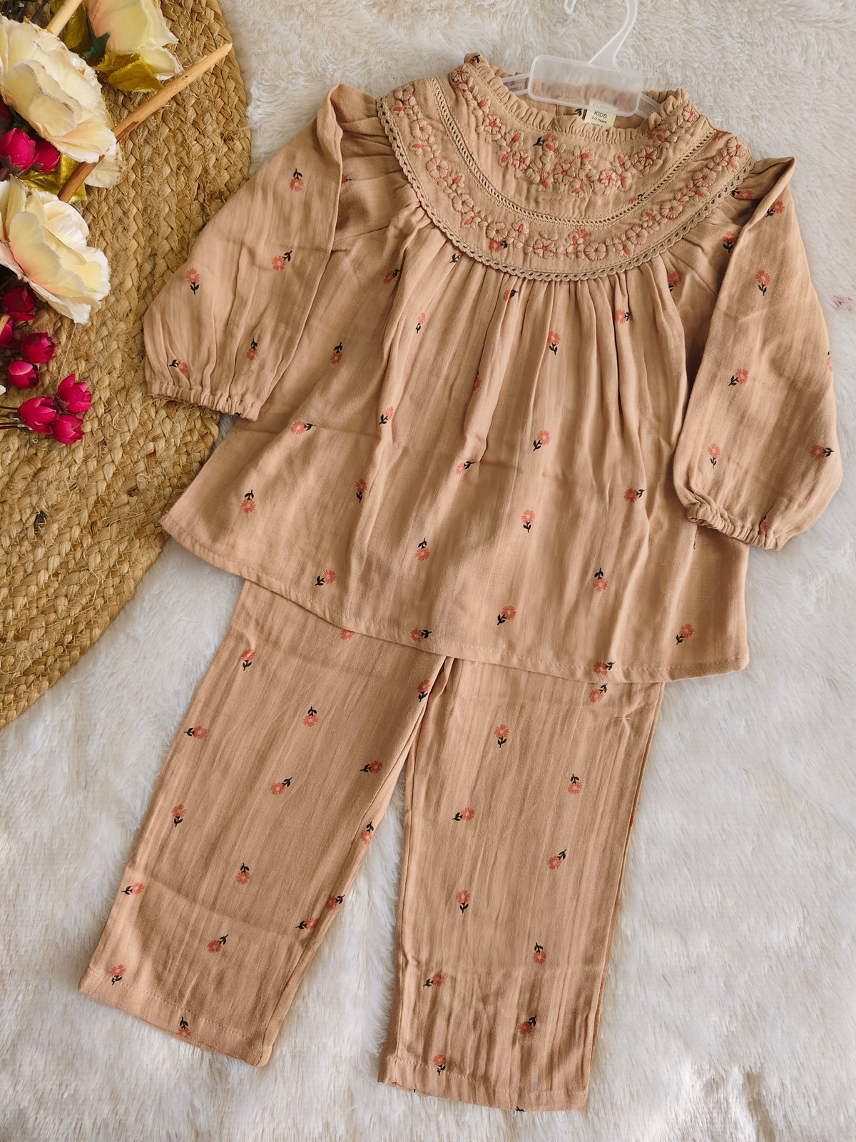 Sand Floral Embroidered Lounge Set