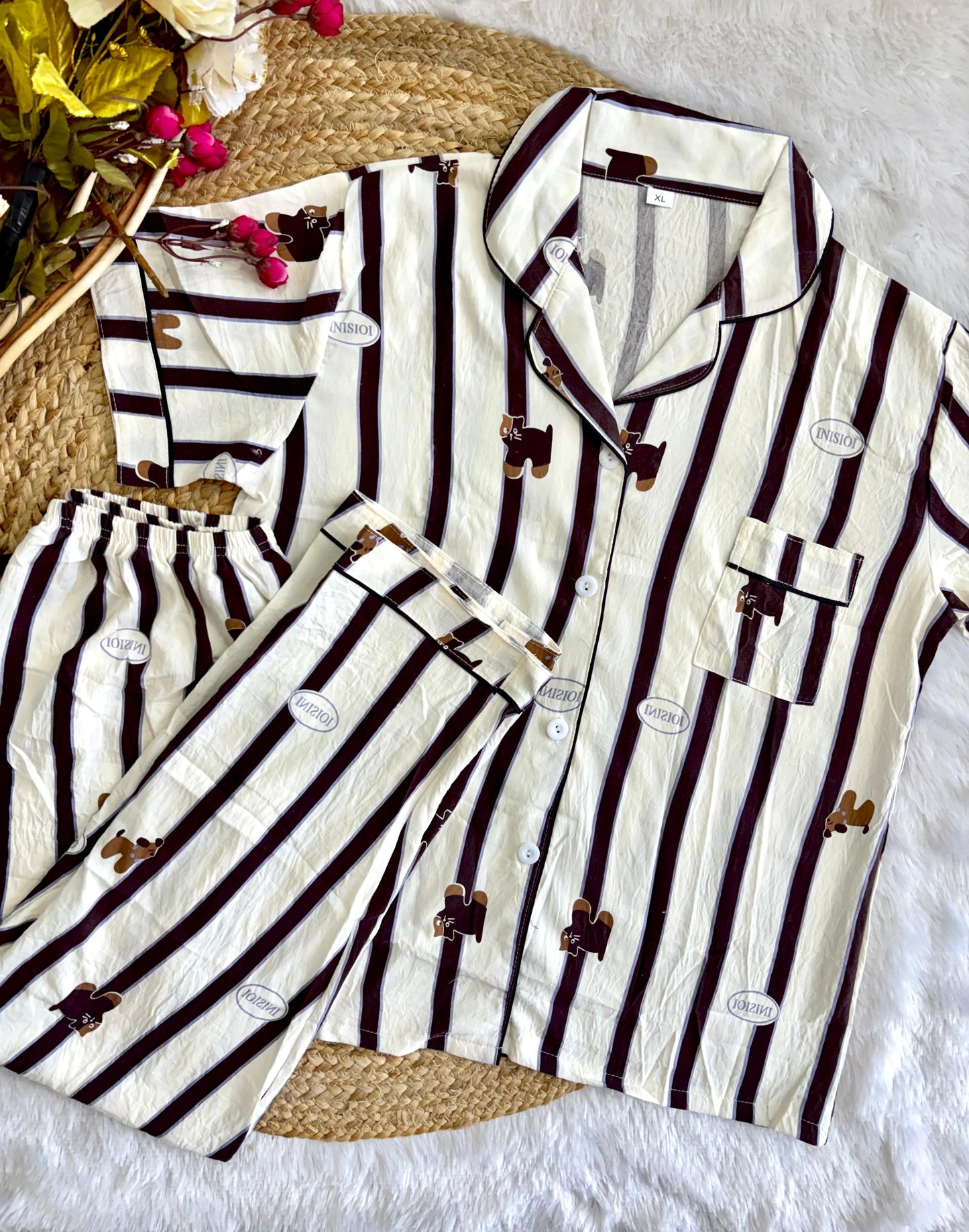Striped crush cotton night suit