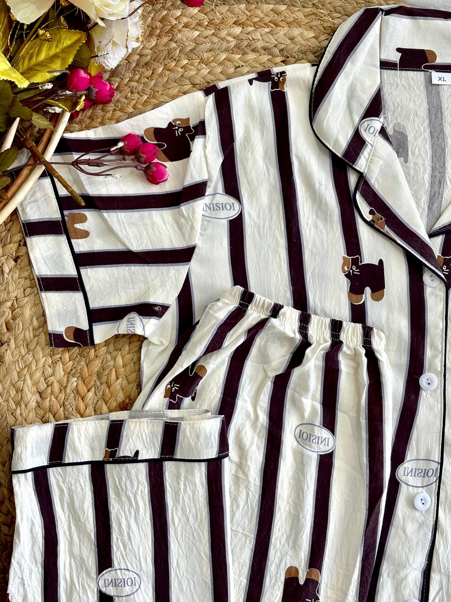 Striped crush cotton night suit