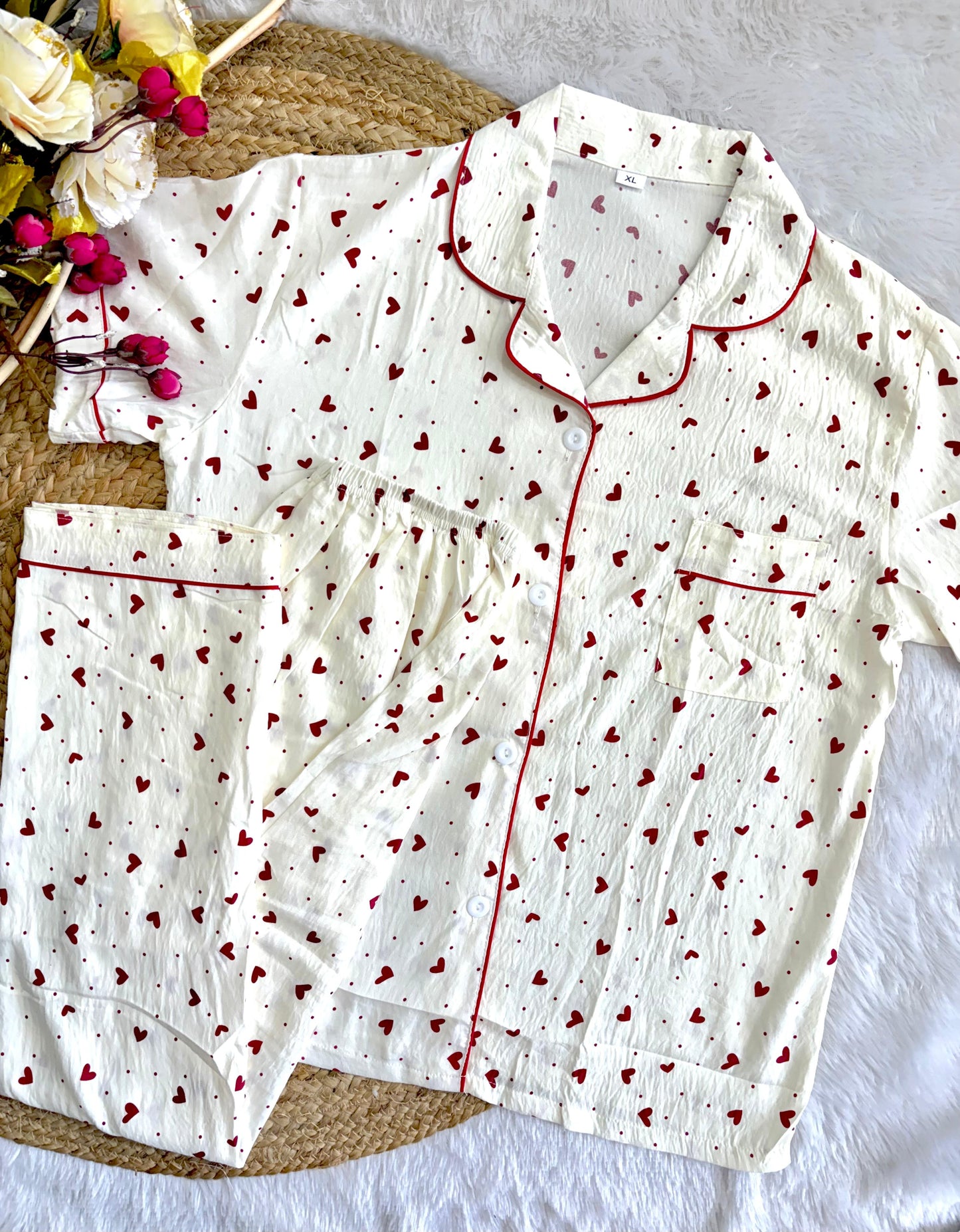 Heart print night suit