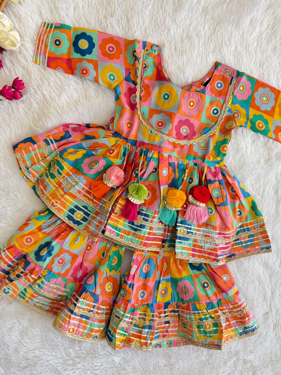 Vibrant Checkered Floral Kurti & Sharara Set with Colorful Tassels