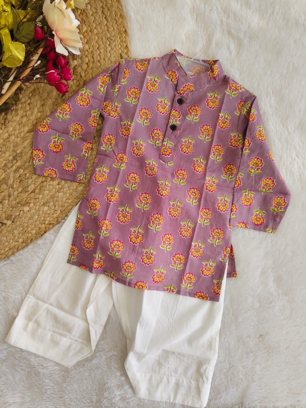 Mauve Floral Block Print Kurta Set