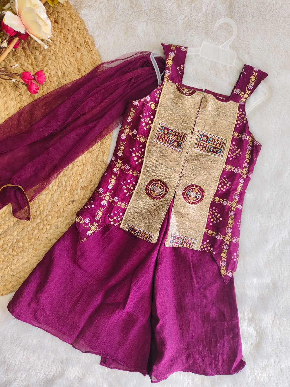 Purple Bandhani Kurti Set with Dupatta