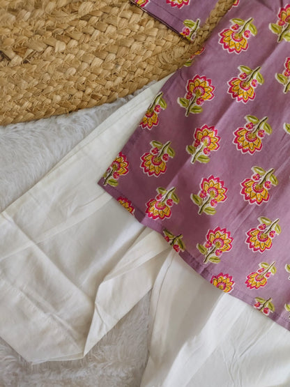 Mauve Floral Block Print Kurta Set