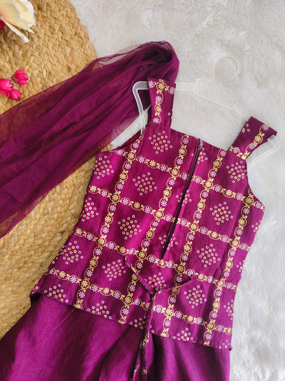 Purple Bandhani Kurti Set with Dupatta