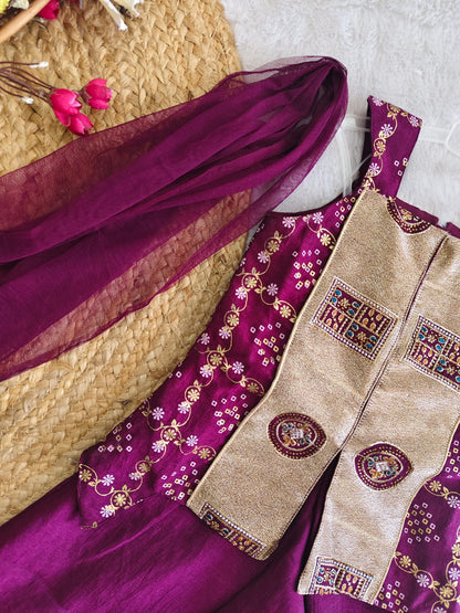 Purple Bandhani Kurti Set with Dupatta