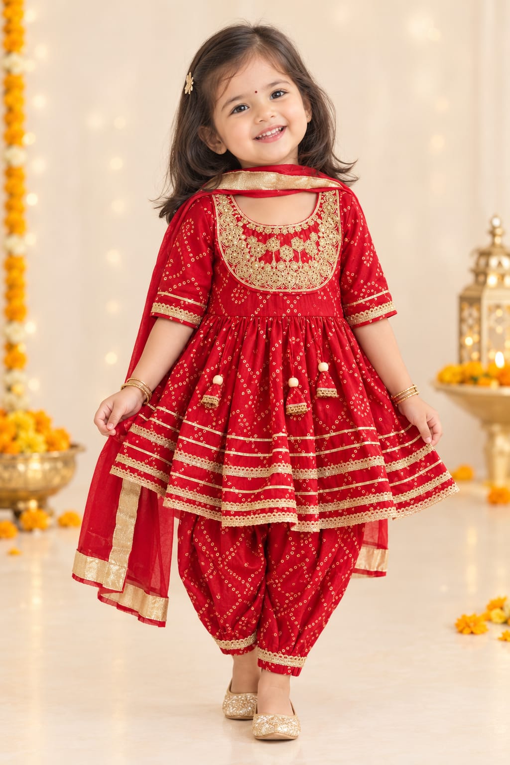 Red Bandhani Printed Ethnic set